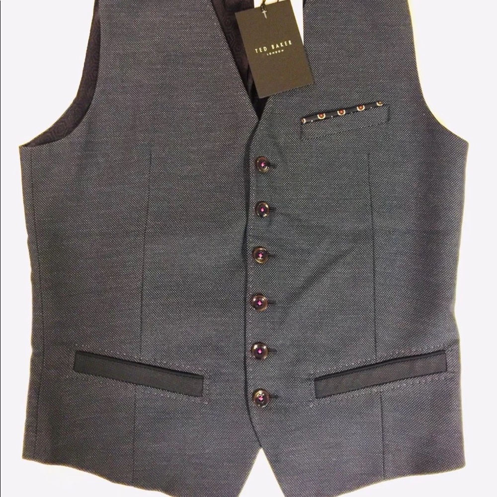 Ted Baker London Men's Charcoal Gray Wool Blend Vest with Black Trim